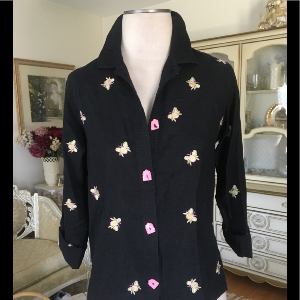 Mureli cute embroidered bumblebee 3/4 sleeve linen blouse Size S
